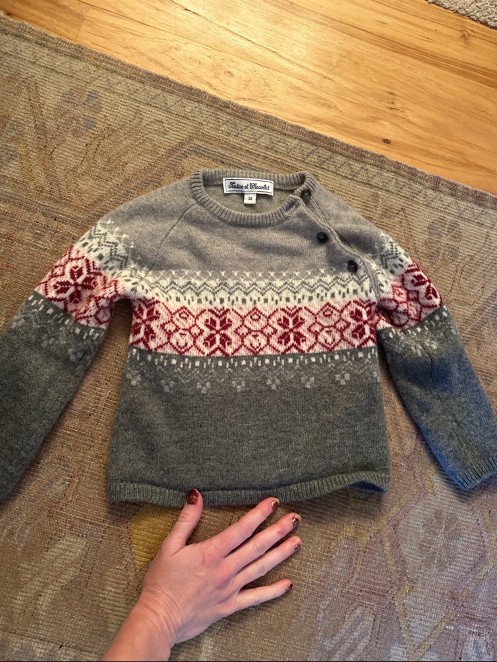 Tartine et Chocolat Gray and Red Fair Isle Knit Sweater